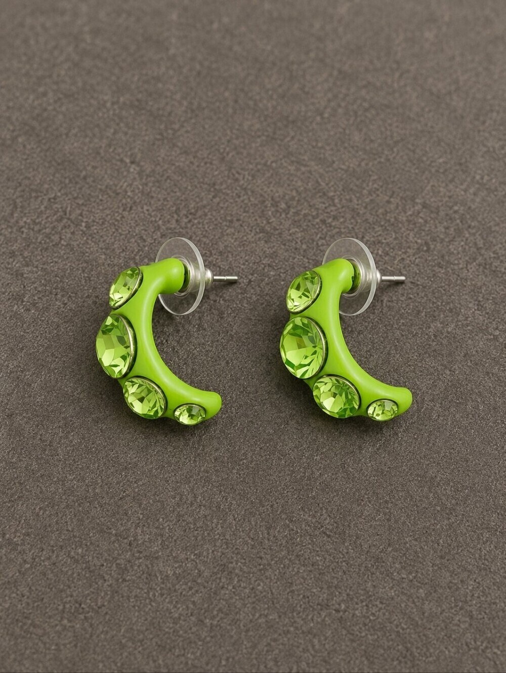 VTG 1980s Acid Green Atomic Mod Acrylic Rhinestone Half Hoop Post Earrings